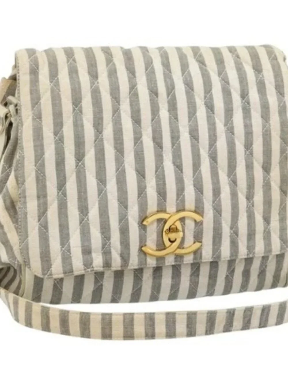 CHANEL Striped Matelasse Chain Shoulder Bag Canvas White Gray CC Auth bs3642 - Picture 1 of 16